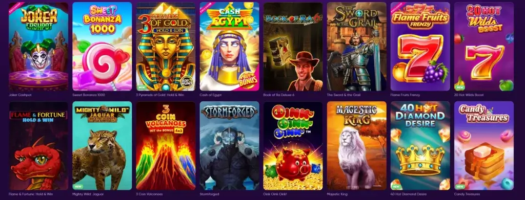 Screenshot of kingmaker casino games page. showing some of their top slots like joker cashpot, sweet bonanza 1000, book of ra 6, the sword & the graill, 20 hot wilds boost, flame & fortune hold & win and more