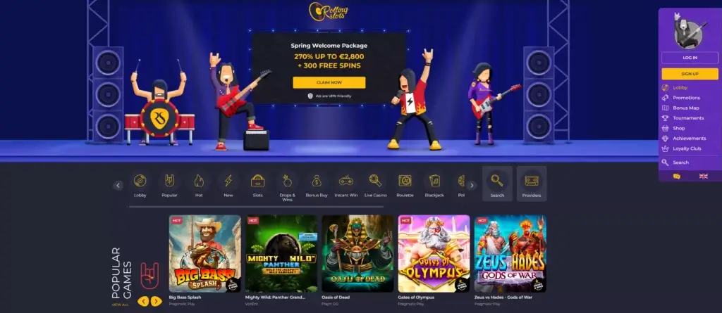 Homepage of rolling slots casino showing its welcome package of 270% up to €2800 + 300 free spins and some of the slot games that rolling slots offers like big bass splash gates of olympus