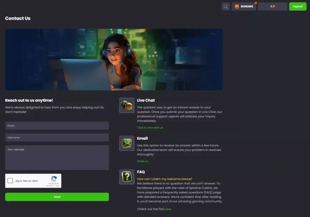 Screenshot of the contact us page of spinline casino, where you can contact them through live chat, email also there is a FAQ